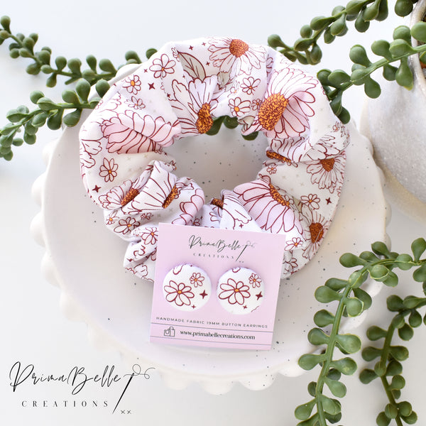 {Harlow Pink Floral} Scrunchie + Button Earrings Set