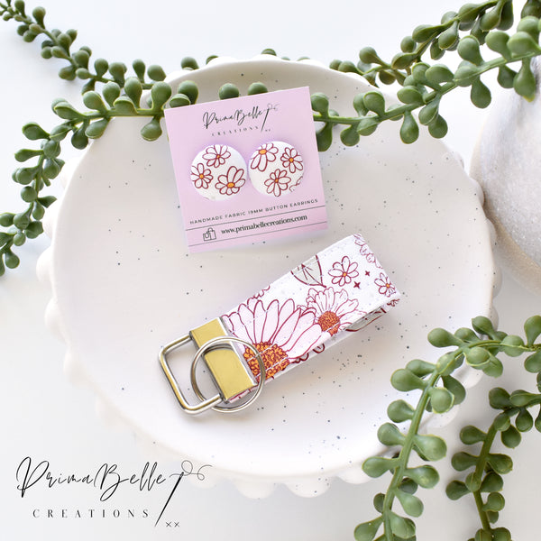 {Harlow Pink Floral} Button Earrings + Mini Key Fob Set