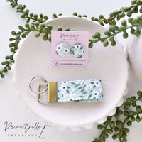 {Sage Floral} Button Earrings + Mini Key Fob Set
