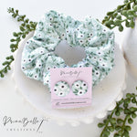 {Sage Floral} Scrunchie + Button Earrings Set