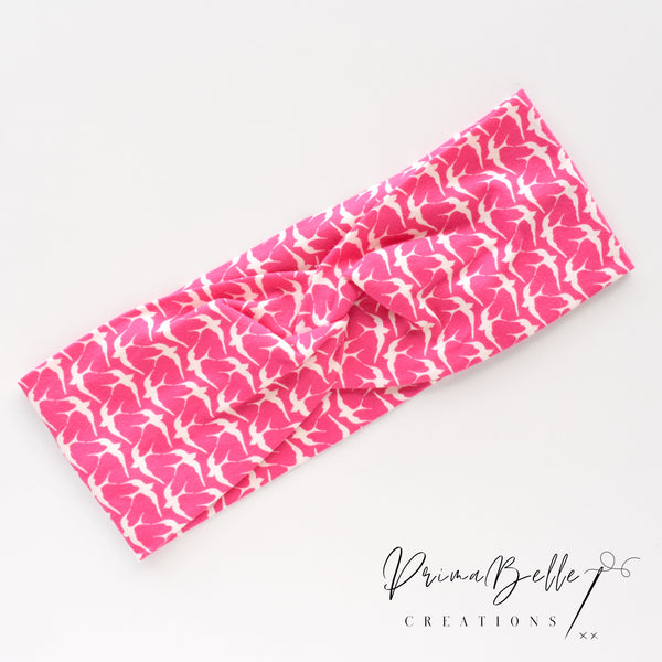 {Birds on Hot Pink} Stretchy Twisted Headwrap