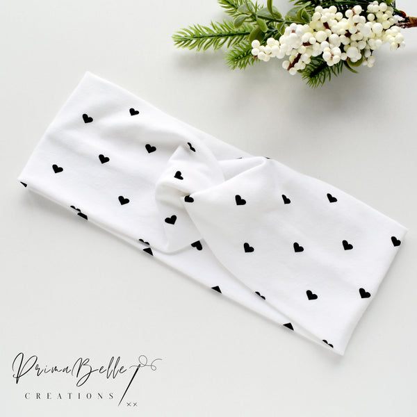 {Mini Black Hearts on White} Stretchy Twisted Headwrap